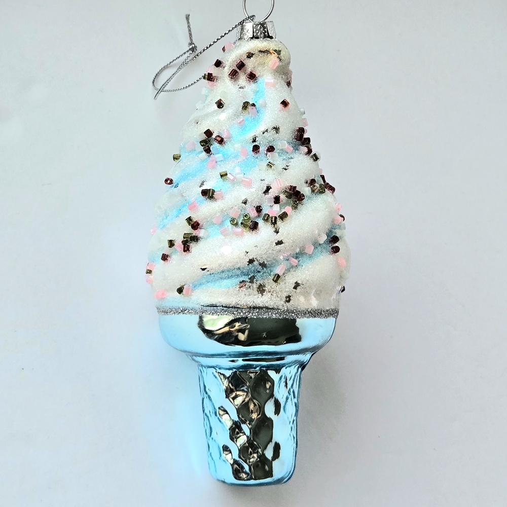 3/10$ - Sparkling Ice Cream Cone Ornament, Metallic Blue Cone Glitter Sprinkles